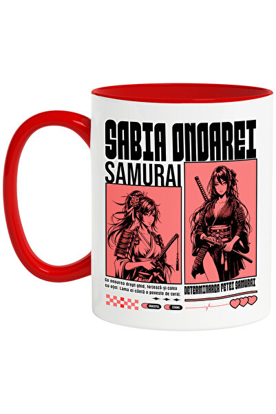 StoryGift Romania Cana Fata ninja Sabia Onarei. Fata Samurai, 330ml, Ceramic cu Maner Rosu, Cu Maner Rosu
