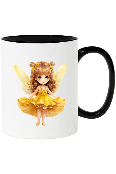 StoryGift Romania Cana cu o fetita dragalasa cu aripi de zana | ilustratie | rochie galbena | ca-n, Cu Maner Negru