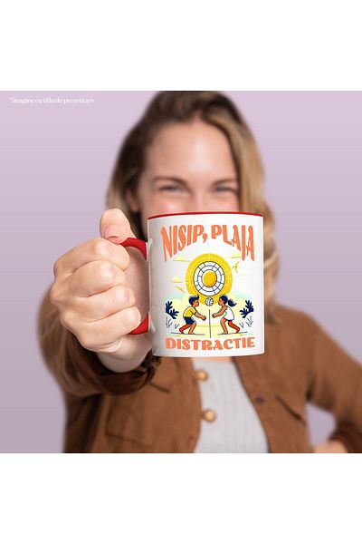 StoryGift Romania Mug with Tropocala Beach Volleyball Players text Beach Sand, Fun, Ball, C, With Red Handle