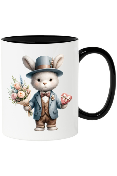 StoryGift Romania Cana cu un iepure la costum care tine un buchet cu flori si...