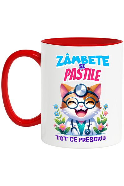 StoryGift Romania Cana Pisica Doctor Vesela Text Haios Zambete Si Pastile Tot Ce Presciu Meserie ,, Cu Maner Rosu