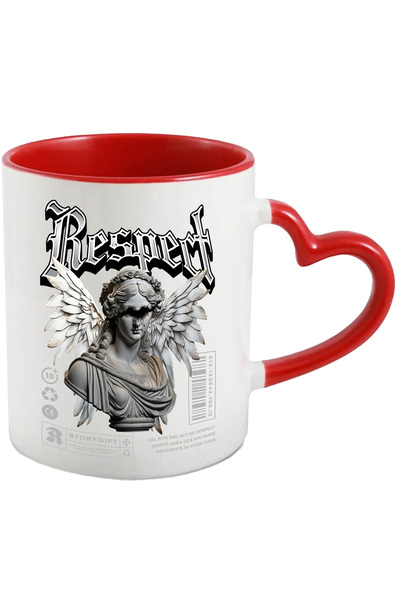 StoryGift Romania Cana RESPECT - Statuie Inger cu Aripi, 330ml, Ceramica cu Maner Inima Rosie, Cu Maner Inima Rosie