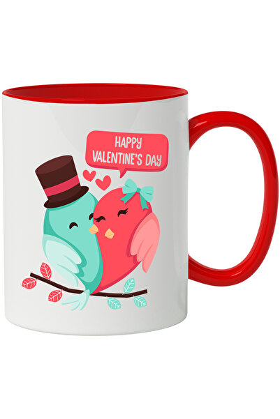 StoryGift Romania Cana Cu Mesaj In Engleza Happy Valentine's Day, Inima, Pasari, Creanga, Multicol, Cu Maner Rosu