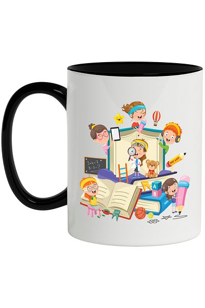 StoryGift Romania Cana Cu Carti, Tabla, Matematica, Creion, Minge, Basket, Tenis, Ursulet, Multico, Cu Maner Negru