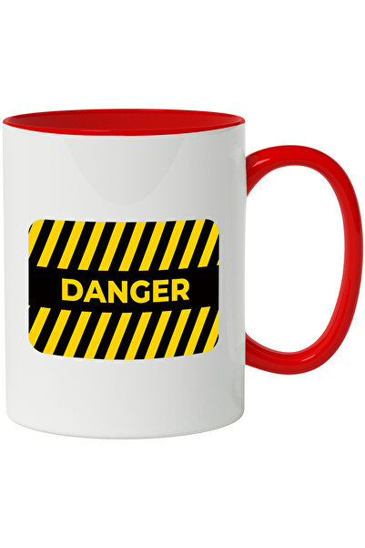 StoryGift Romania Cana Cu Mesaj In Engleza Danger, Semn, Dungi, Multicolor 330 ml, Ceramica cu Man, Cu Maner Rosu