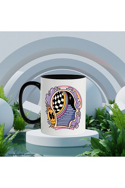 StoryGift Romania Cana Cu Arta Abstracta, Cap, Scari, Spatiu, Stele, Carouri, Multicolor 330 ml, C, Cu Maner Negru