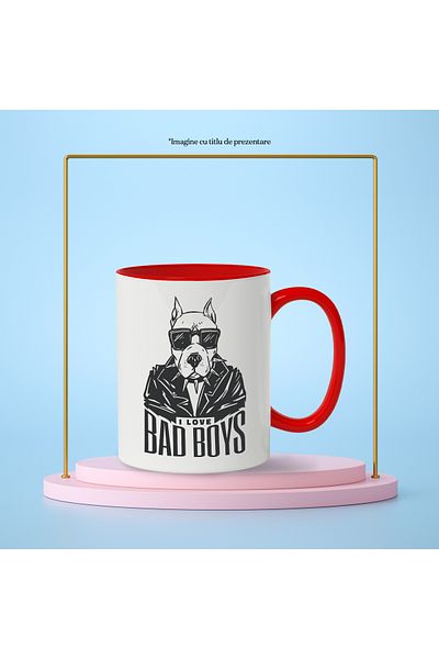 StoryGift Romania Mug With Message In English I Love Bad Boys, Pitbull, Dog, Collar, Black and White 330 , With ,STG