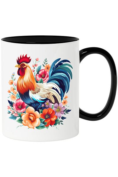 StoryGift Romania Mug with a rooster that has many flowers around it | nature | plants | bird | 330ml, With Black Handle