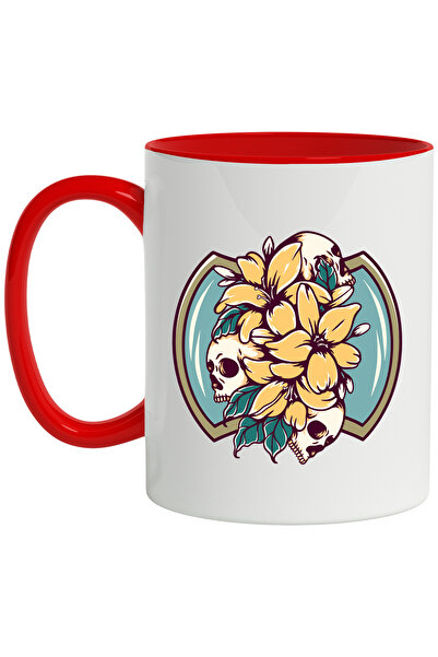 StoryGift Romania Cana Cu Flori, Frunze, Cranii, Crini, Emblema, Multicolor 330 ml, Ceramica cu Ma, Cu Maner Rosu