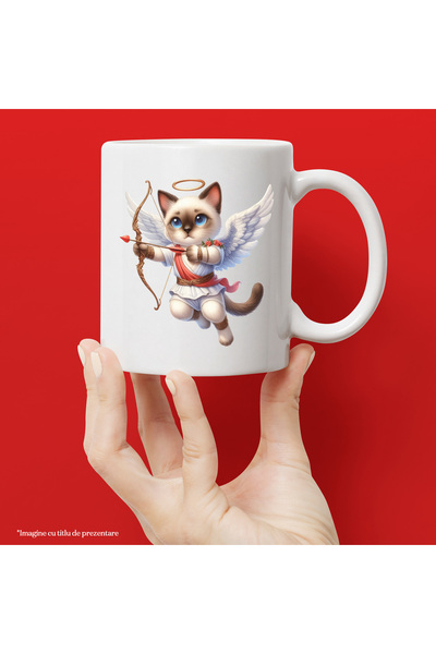 StoryGift Romania Cana cu o pisicuta Cupidon, ilustratie, aripi, trage cu arc...