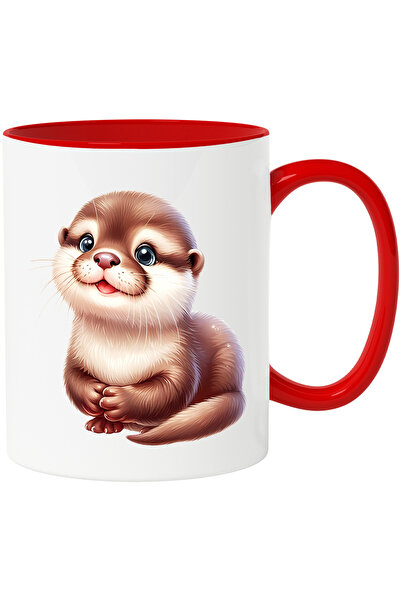 StoryGift Romania Cana cu o vidra vesela | ilustratie | jucausa | fericire | animalut | natura | l, Cu Maner Rosu