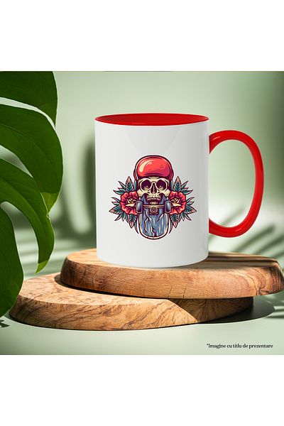 StoryGift Romania Skull Mug with Skull, Skateboard, Flowers, Leaves, Leaves, Hat, Wheels, Multicolor 330 ml, Ceram, Cu, Cu ,STG