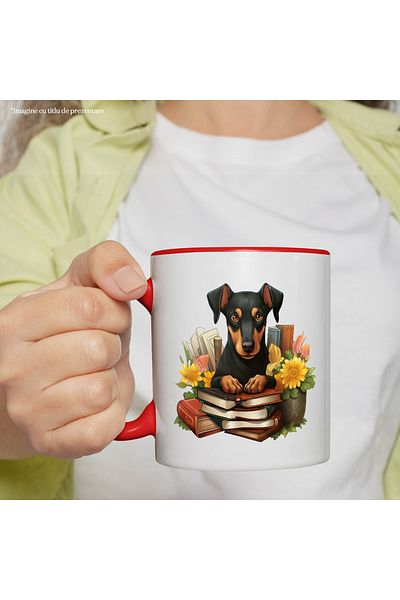 StoryGift Romania Mug with a dog that has many books | illustration | stack | "intellectual" | flo, Cu,STG.