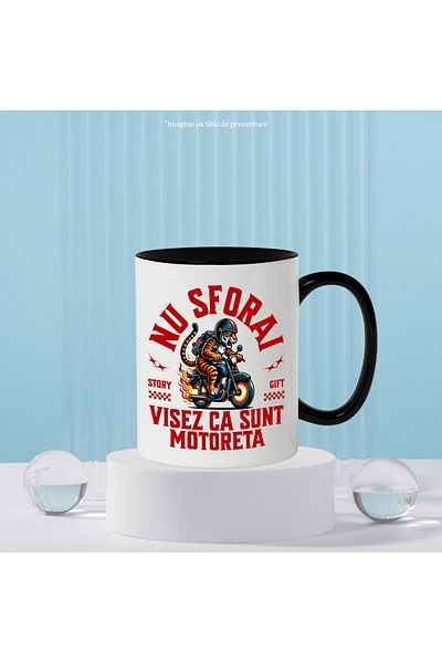 StoryGift Romania Mug with Angry Tiger with Helmet Angry Motor Windshield Cartoon Steps, with Black Handle