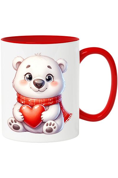 StoryGift Romania Mug with a polar bear holding a heart | illustration | scarf | blush, With Red Handle