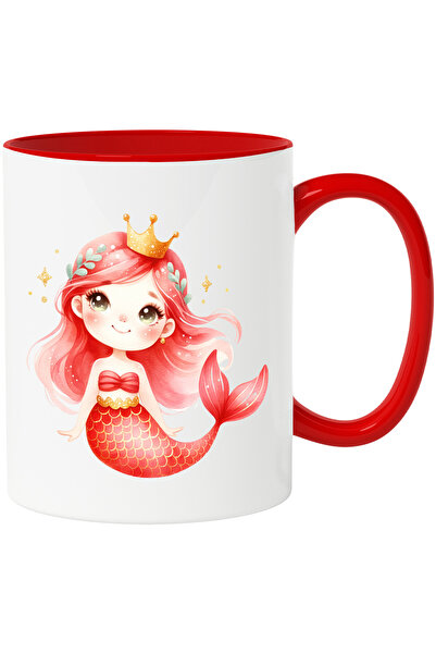 StoryGift Romania Cana cu o sirena cu coada rosie | jumatate femeie | coroana din aur | imbujorata, Cu Maner Rosu