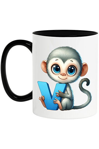 StoryGift Romania Cana cu maimutica velvet cu litera "V", ilustratie, pentru ...