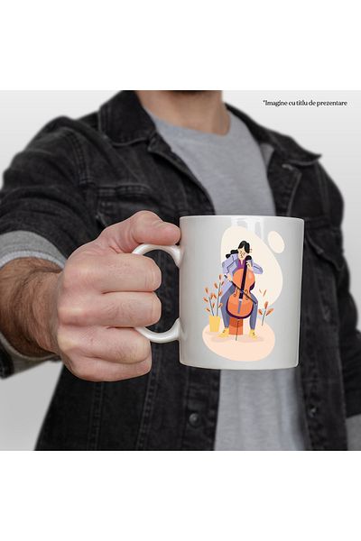 StoryGift Romania Mug With Musician, Cello, Musical Instrument, Plants, Pot, Multicolor 330, With White Handle