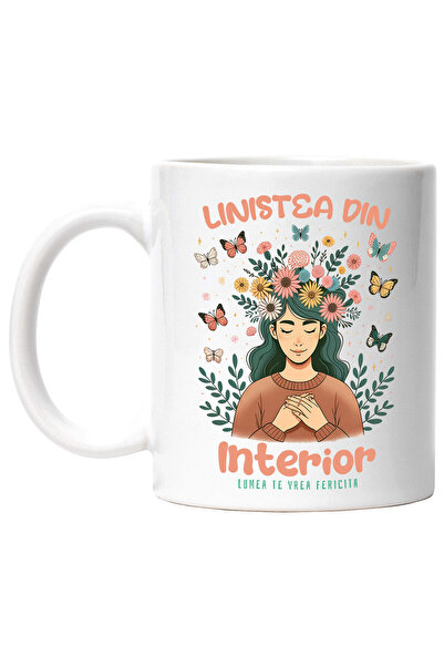 StoryGift Romania Cana cu Fata coroana De Flori Text Linistea Din Interior Lumea Te Vrea Fericita,, Cu Maner Alb