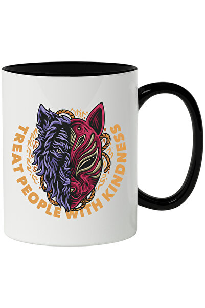 StoryGift Romania Cana Cu Mesaj In Engleza Treat People With Kindness, Lup, Masca Vulpe, Asiatic, , Cu Maner Negru