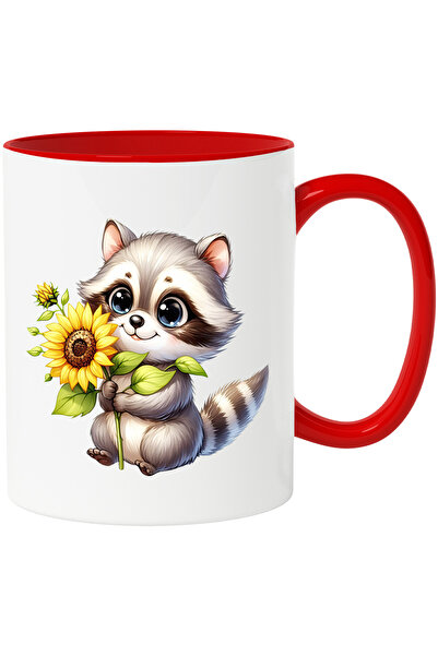 StoryGift Romania Cana cu un pui de raton care tine o floare | ilustratie | floarea-soarelui | rec, Cu Maner Rosu