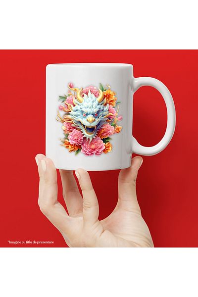 StoryGift Romania Cana cu un dragon chinezesc, ilustratie, floricele, roz, an nou, China, anul dra, Cu Maner Alb