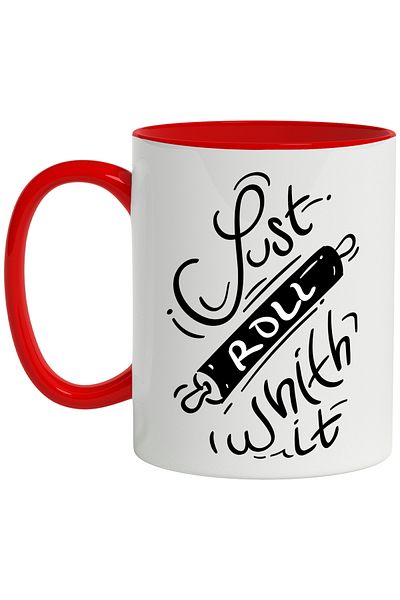 StoryGift Romania Cana Cu Mesaj In Engleza Just Roll With It, Facalet, Patiserie, Intins, Alb Negr, Cu Maner Rosu