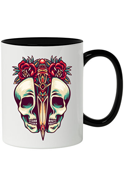 StoryGift Romania Mug With Half Skull, Dagger, Flowers, Leaves, Retro, Multic...