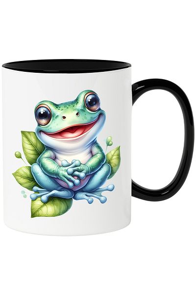 StoryGift Romania Mug with a happy frog | illustration | leaves | water | lake | puddle | happiness | , With Black Handle