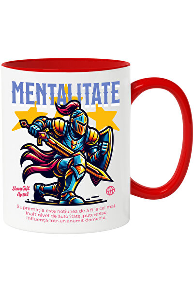 StoryGift Romania Cana Mentalitate, 330ml, Ceramic cu Maner Rosu, Cu Maner Rosu