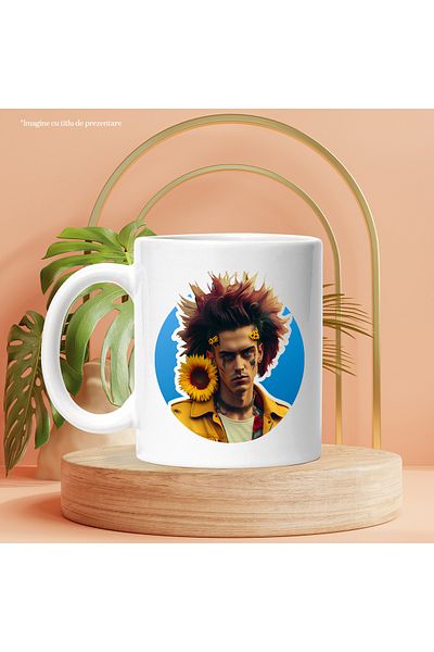 StoryGift Romania Cana Cu Portret, Floarea Soareluil, Tatuaj, Jacheta, Multicolor 330 ml, Ceramica, Cu Maner Alb