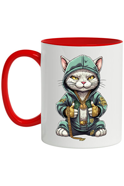 StoryGift Romania Cana Cu Pisica, Hanorac, Lant, Aur, Bani, Monede, Curea, Multicolor 330 ml, Cera, Cu Maner Rosu