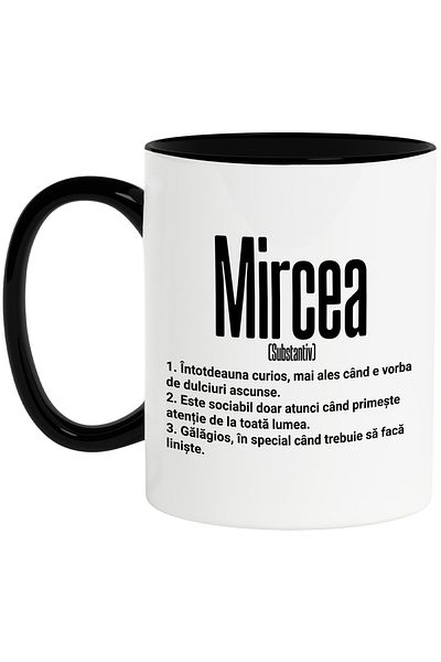 StoryGift Romania Cana Cu Numele Mircea, Cu Mesaj Amuzant, Curios, Sociabil, Galagios, 330ml, Cera, Cu Maner Negru