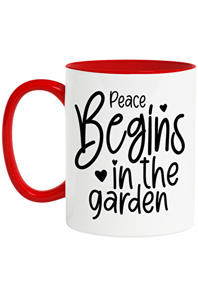 StoryGift Romania Cana cu mesajul in engleza "Peace begins in the garden" - pacea incepe in gradin, Cu Maner Rosu