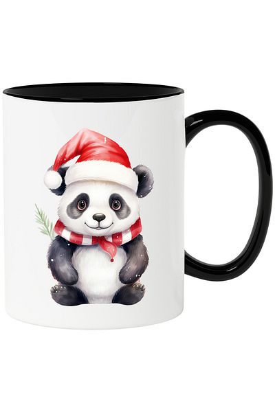StoryGift Romania Mug with a cheerful Panda bear | Christmas hat | illustration | scarf | cold | take, With Black Handle