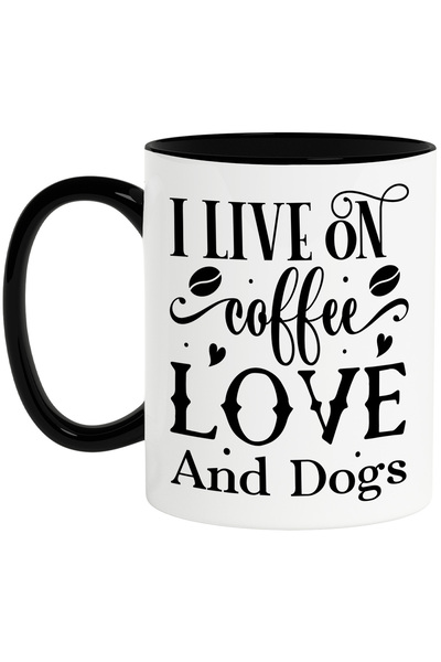 StoryGift Romania Cana cu mesajul "I live on coffee, love and dogs" - traiesc...