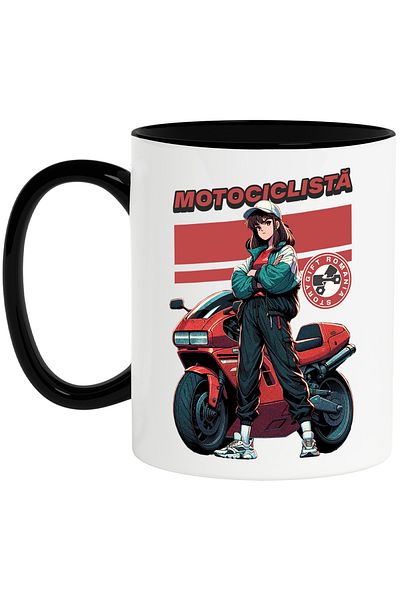 StoryGift Romania Cana motociclista fata gata de ture noaptea motor viteza, 330ml, Ceramica cu Man, Cu Maner Negru