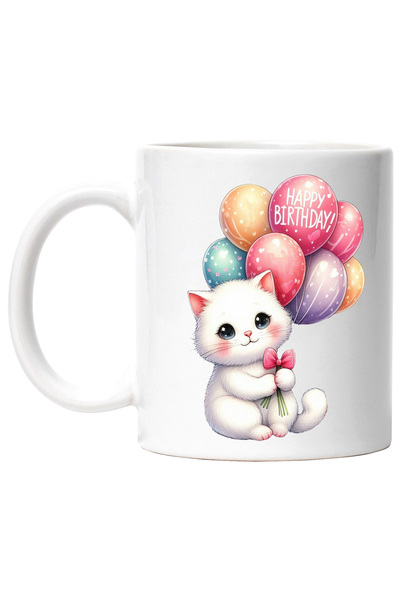 StoryGift Romania Cana cu o pisicuta imbujorata care tine multe baloane color...
