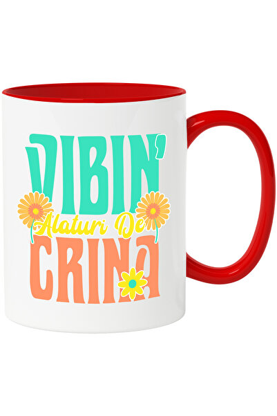 StoryGift Romania Cana cu Design Colorat Vibrant vara Flori Galbene Text Vibin' Alaturi De Crina, , Cu Maner Rosu