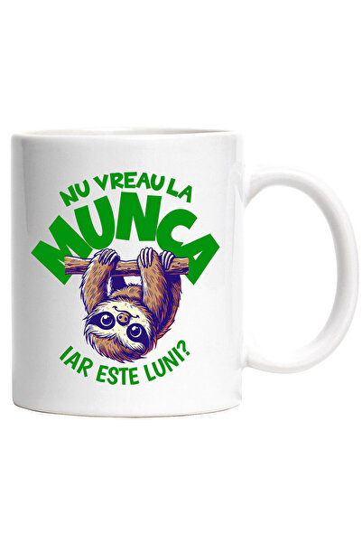 StoryGift Romania Cana cu Animal Lenes Atarnat De Creanga Text Haios Nu Vreau La Munca Iar Este lu, Cu Maner Alb