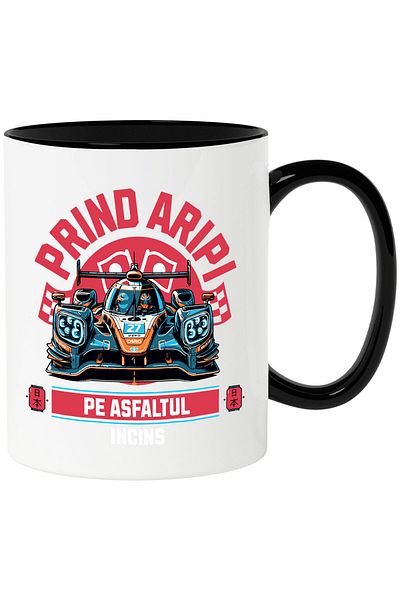 StoryGift Romania Cana cu Masina Curse Formula 1 Colorata Text Prind Aripi Pe asfalt Viteza Iubito, Cu Maner Negru