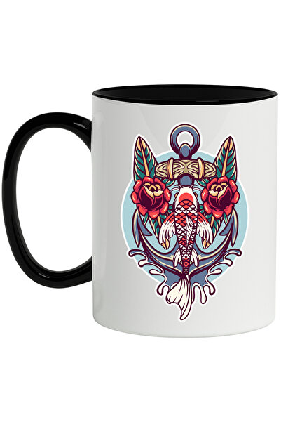 StoryGift Romania Cana Cu Peste Koi, Ancora, Trandafiri, Valuri, Frunze, Multicolor 330 ml, Cerami, Cu Maner Negru