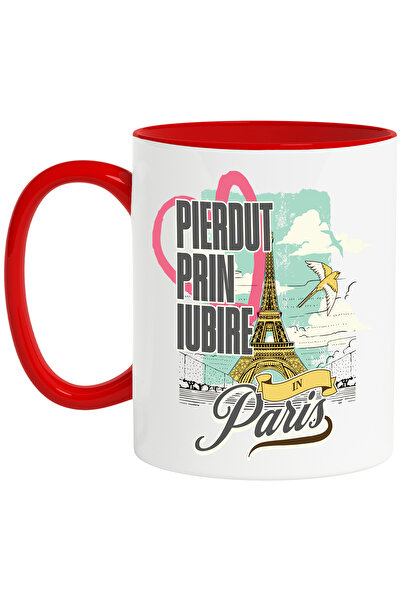 StoryGift Romania Cana Turnul Eiffel Paris iubire pierdut , 330ml, Ceramic cu Maner Rosu, Cu Maner Rosu