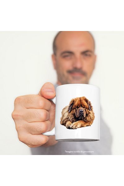 StoryGift Romania Cana cu un caine Chow Chow blanos | ilustratie | doarme dus | oboseala | noapte , Cu Maner Alb