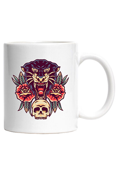 StoryGift Romania Cana Cu Cap De Pantera, Craniu, Trandafiri, Flori, Colti, R...