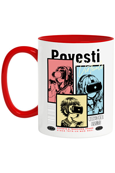 StoryGift Romania Cana Copii folosind ochelarii VR Povesti Virtuale, 330ml, Ceramic cu Maner Rosu, Cu Maner Rosu