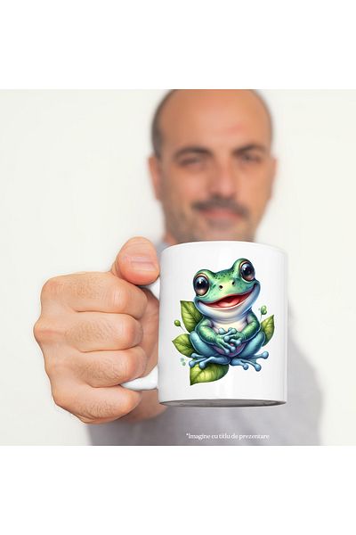 StoryGift Romania Mug with a happy frog | illustration | leaves | water | lake | puddle | happiness | , With White Handle