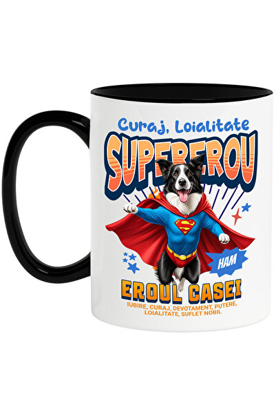 StoryGift Romania Cana cu Border Collie Caine In Costum de SuperMan cu Pelerina, Erou Nocturn, Des, Cu Maner Negru