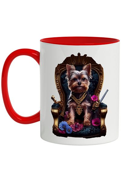 StoryGift Romania Cana Cu Caine, Yorkshire Terrier, Tron, Flori, Lant, Multicolor 330 ml, Ceramica, Cu Maner Rosu