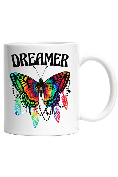 StoryGift Romania Cana cu fluture divers colorat cu mesajul "Dreamer", plasa de vise, insecta, mul, Cu Maner Alb